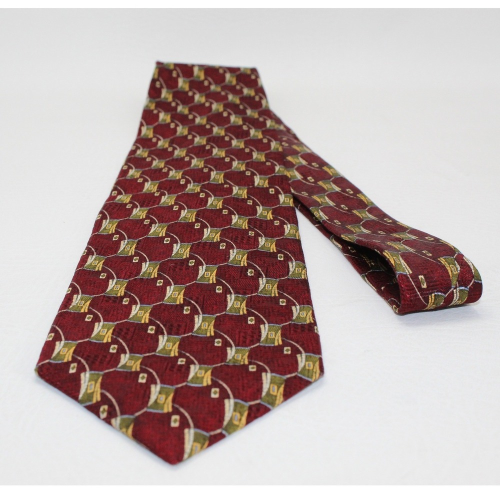 Ferrell Reed Mens Silk Tie Burgundy Geometric Hand Made in USA Necktie